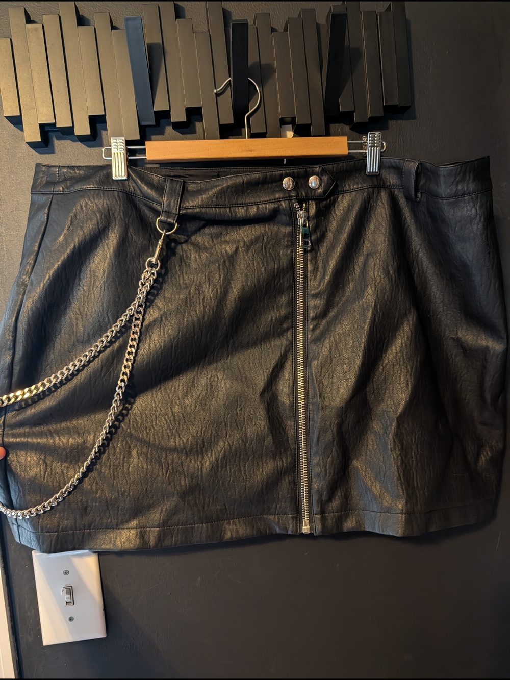 Faux Leather Mini Skirt with Chain Detail - Black